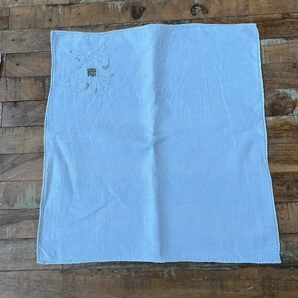 Vtg 1 Tablecloth & 10 Napkins Off-white Linen Taupe Embroidered Openwork Madeira